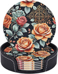 Drink Coasters with Holder Stand Set of 6, Roses Flower Vintage Pu Leather by Unknown
