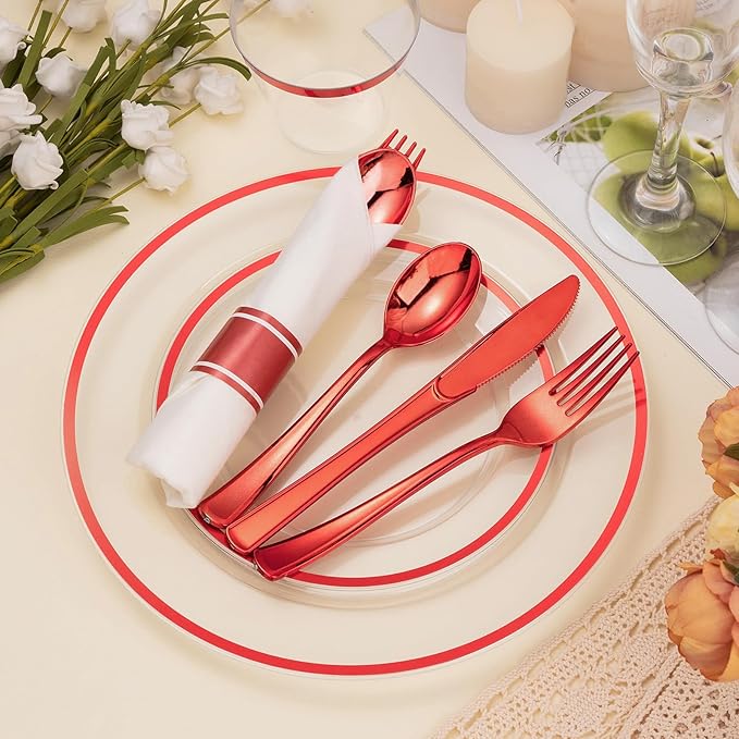 700PCS Clear Red Disposable Plastic Dinnerware Set for 100 Guests, 200 Plastic Plates, 100 Cups, 100 Pre-Rolled Napkins with Cutlery for Party, Christmas, Birthday, Wedding, Thanksgiving, Halloween
