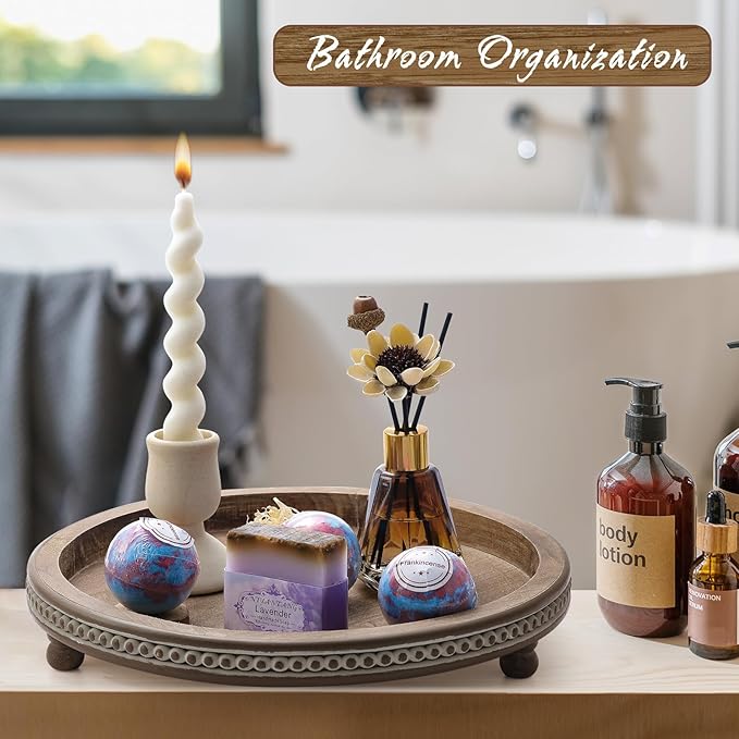 Handmade 12 Inch Decorative Tray, Small Beaded Tray Coffee Table Decor, Warm Brown Round Wooden Tray for Coffee Table, Dining Room Table Entryway and Living Room Table