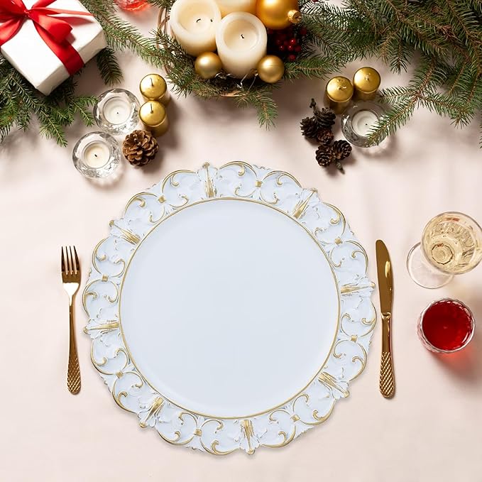 White Charger Plates Set of 6, Decorative Table Plastic Chargers for Dinner Plates, Party, Wedding, Thanksgiving, Christmas, 11W