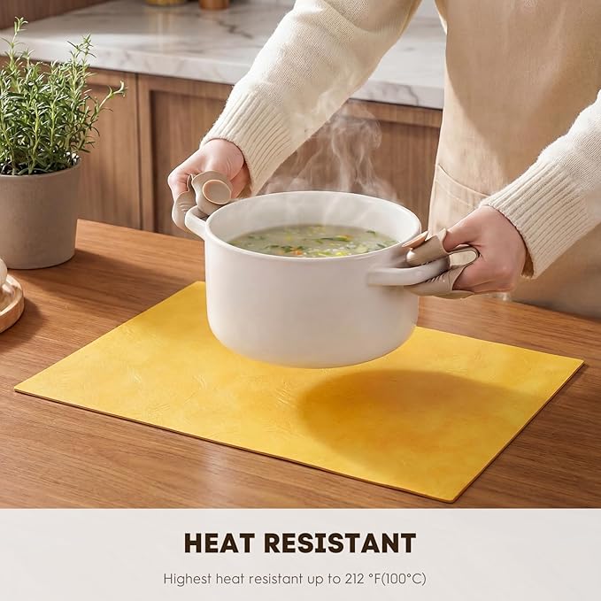 Artoid Mode Yellow Faux Leather Placemats Set of 6, 12x18 Inch Waterproof Wipeable Heat Resistant Vinyl Place Mats, Reversible Table Mats for Summer Kitchen Dining Decor