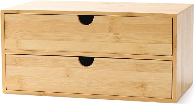 Bamboo Desk Drawer Organizer, 2 Drawer Desktop Organizer with Drawers Tabletop Storage Organization Box for Office Home Toiletries Supplies Vanity, No Assembly Required