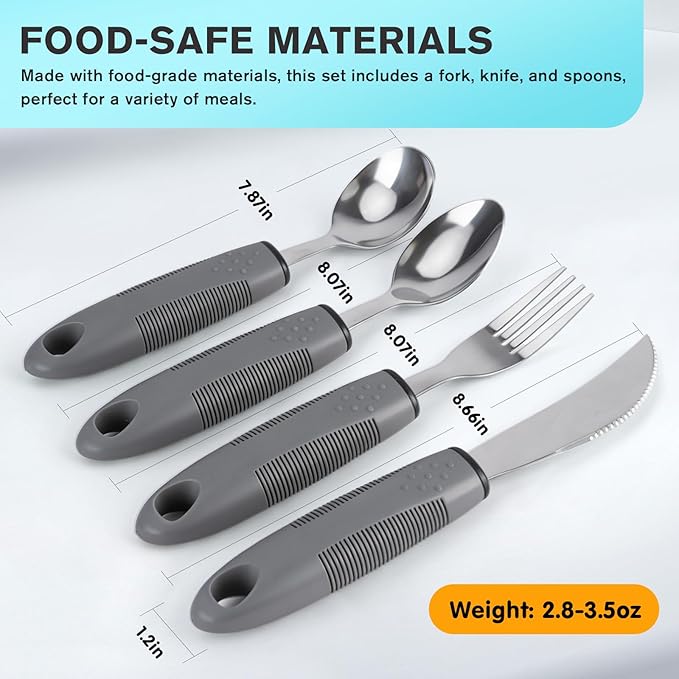4PCS Weighted Adaptive Utensils, Parkinsons Utensils for Hand Tremors, Elderly, 3.5oz Weighted Utensils for Tremors and Parkinsons Patients, Disabled (Gray, Straight)