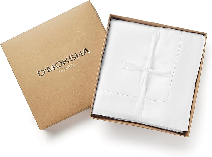 D'Moksha Homes White Linen Tablecloth for Rectangle Tables 60 x 144 Inch - 100% Pure Linen White Table Cloth - Classic Hemstitch, Machine Washable Dining Tablecloth for Valentines, Spring, Easter