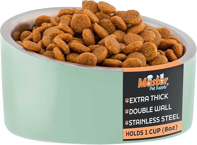 Master Pet Supply Stainless Steel Slanted Dog Cat Food Bowl - 8 oz Heavy Duty - Pistachio, Double Wall Insulated, Non-Slip Elevated Bowl for French Bulldogs Pugs Cats, Anti Rust Dishwasher Safe