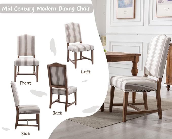 CIMOTA Mid Century Modern Dining Chairs Set of 6, Farmhouse Upholstered Dining Room Chairs Comfortable Kitchen Side Chairs with High Back/Natural Solid Wood Frame, Linen Brown/Beige Stripe