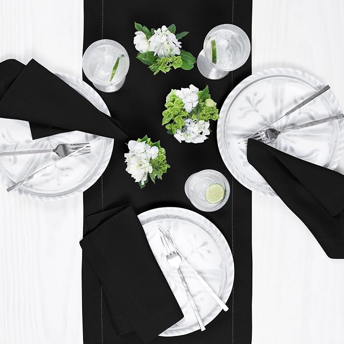 Solino Home 100% Linen Table Runner Black, Classic Hemstitch 14 x 108 in | - Image 3