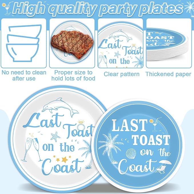 96Pcs Last Toast on the Coast Party Supplies Coastal Bachelorette Paper Plates - Image 3