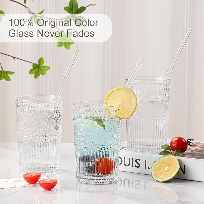ZMOWIPDL Drinking Glasses Set of 6, 13oz Flower Design Clear Glass Cups | - Image 3