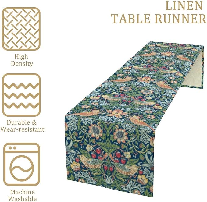 William Morris Floral Table Runner, Vintage Green Flowers Botanical Printed - Image 4