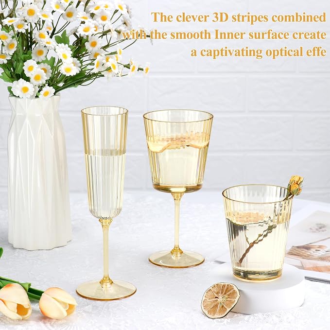 24 PCS Plastic Ribbed Drinking Glasses 10oz Gold Vintage Ripple Stemless Wine - Image 6