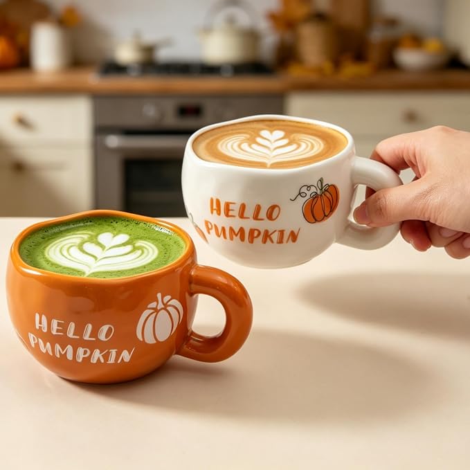 4pcs Ceramic Mugs Set, 9.4OZ Cute Coffee Cup Set, Hello Pumpkin Design - Image 3