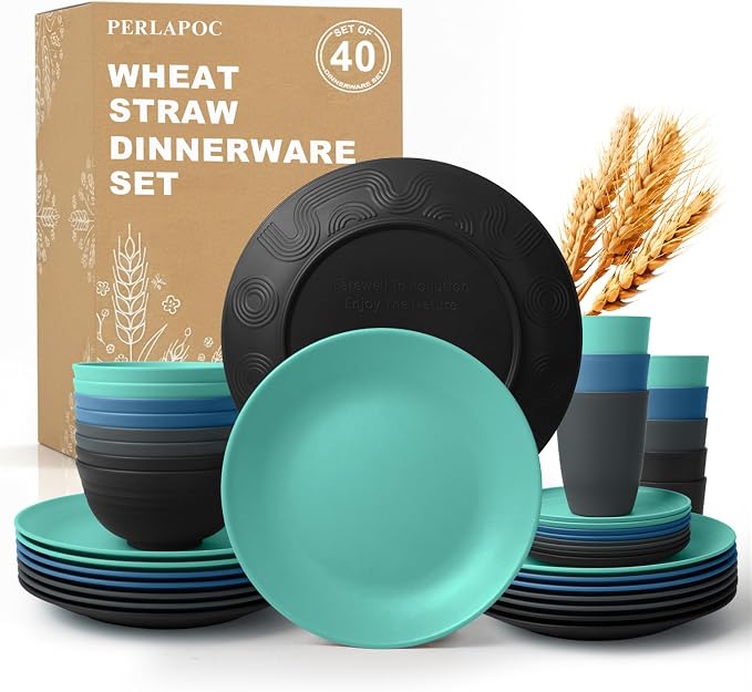 40 PCS Wheat Straw Plates and Bowls Sets, Dishware Set by Perlapoc