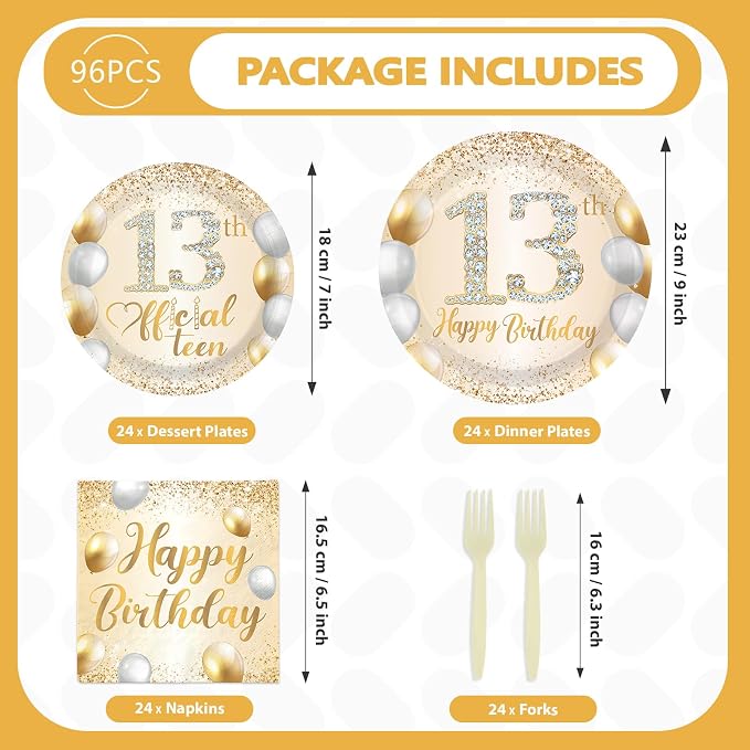 96Pcs White Gold 13th Birthday Party Decorations, Serves 24 | Official 13 Teen - Image 3