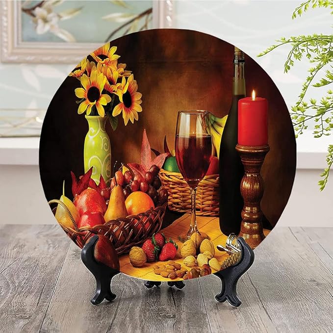 Decorative Plates, Winery Print Ornament, Still Life Fruits Flowers, 6 Inch, 1 Plate with 1 Display Stand, Multicolor