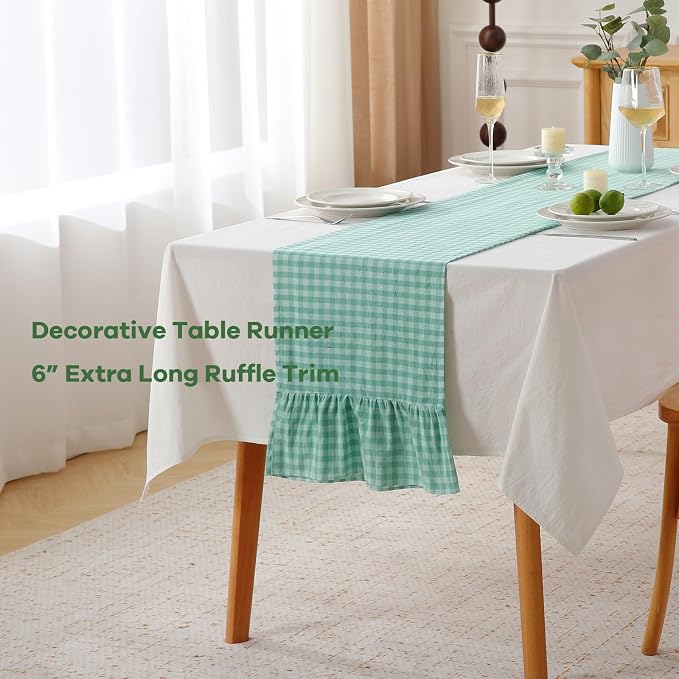 Spa Blue White Plaid Gingham Ruffle Table Runner 72 inches Long Christmas 100% - Image 3