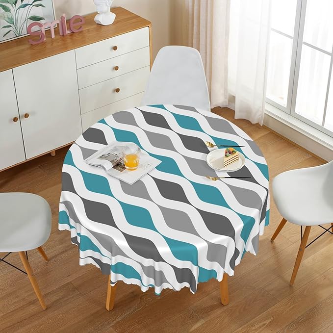 Laeacco 54 Inch Geometric Round Tablecloth Blue and Grey Waved Stripes Modern Abstract Art Print Table Cloth Washable Waterproof Wrinkle Free Table Cover for Kitchen Dining Picnic Party Decoration