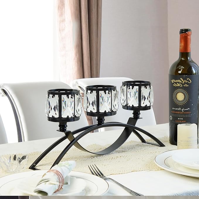 3 Arms Crystal Candle Holders, Arch Candlestick Table Candelabras Centerpieces for Wedding, Dinning Room, Cabinet Ornaments, Home Decoration， Gift (Black, 2 Pcs-3 Arm Arched)
