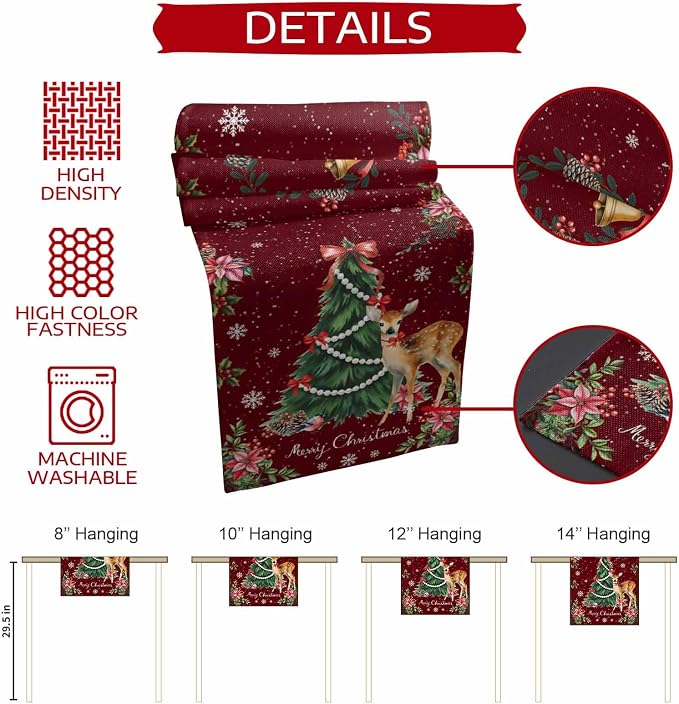 Christmas Reindeer Table Runners 120 Inches Long, Cotton Linen Fabric Red Table - Image 8