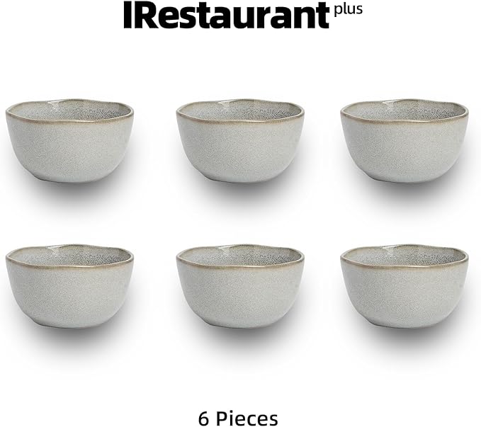 Organic Shape Highland Ceramic Cereal Bowl, 6pcs 5.5 Inch Reactive Glaze Stoneware Rice bowl with Wavy Edge, for Kitchen, Microwave & Dishwasher Safe, Scratch Resistant-grey