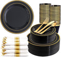 350 Pieces Black and Gold Plastic Plates with Disposable Silverware, Include 50 Dinner Plates 9”, 50 Dessert Plates 6.3”, 50 Black Cups 9 OZ, 50 Pre Rolled Napkins for Birthday Weddding Party