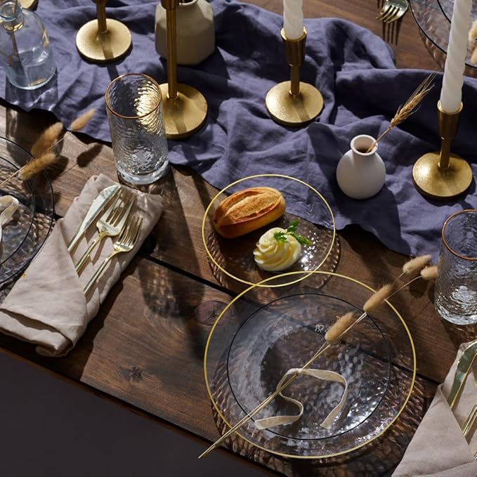 R-kay 100 Pack Clear Plastic Plates For Wedding - 10 IN Hammered Gold Rimmed Sturdy, Durable And Extra Heavy duty Gold Plastic Plates For Party - Bulk Disposable Plates For Weddings