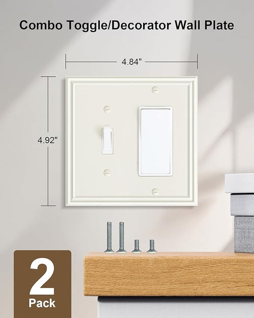 2-Pack Combo Toggle/Decorator Light Switch Cover Plate, Light Almond Decorative Electrical Outlet Covers, Durable Solid Zinc Alloy Wall Switch Plates and Outlet Covers