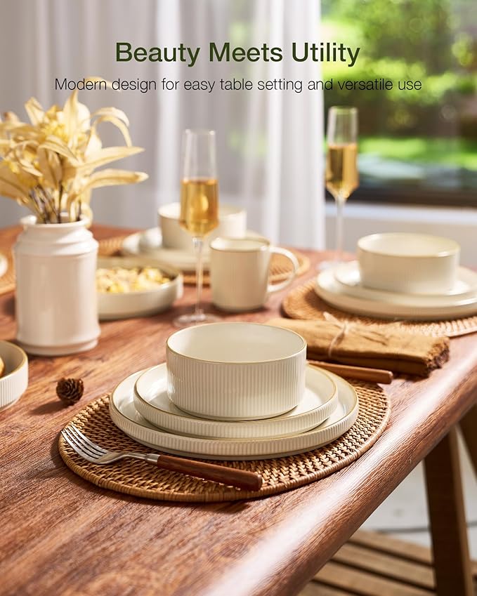 Famiware Star Dinnerware Set, Plates and Bowls Sets for 8 (24pcs), Ribbed Stoneware Dishes - Chip & Scratch Resistant, Microwave & Dishwasher Safe Tableware, White