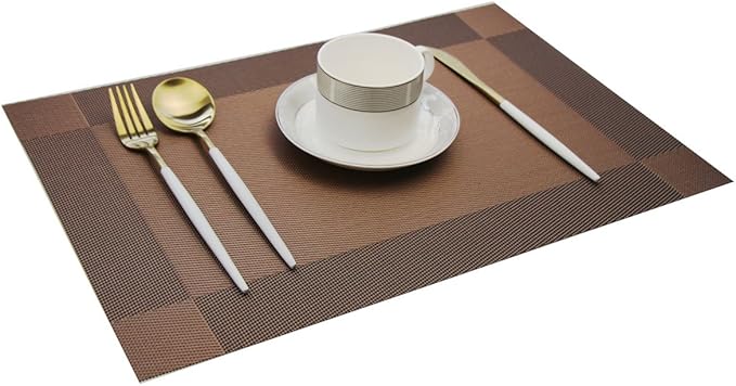 Placemats Washable Easy to Clean Table Mats for Kitchen Table Heat-resistand Woven Vinyl PVC Placemat 12x18 inches Set of 4（Brown）