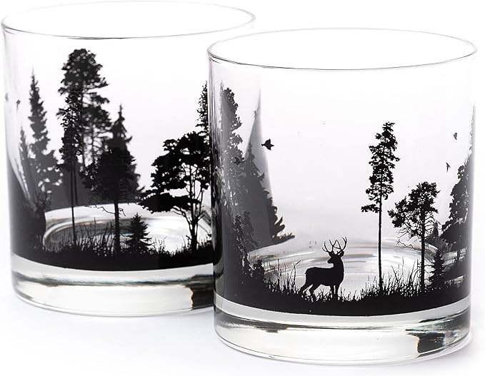 Black Lantern Forest Animal Whiskey Glass Set of 2 – 11oz Old Fashioned Rocks Glasses for Men | Wildlife & Nature Themed Barware for Bourbon, Scotch & Cocktails | Dishwasher Safe Gift Ready