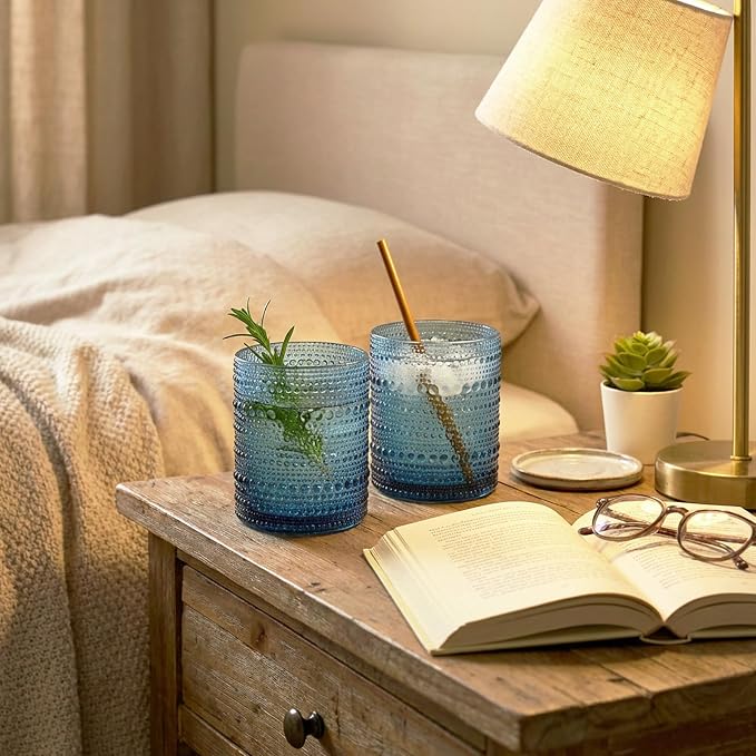 Moretoes 10oz Blue Hobnail Drinking Glasses Set of 6 Cocktail Glasses | Vintage - Image 7