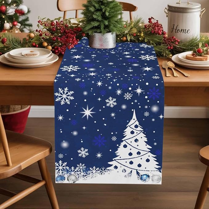 Navy Blue Christmas Tree Table Runner 48 Inches Long, Xmas Balls Snowflake - Image 2