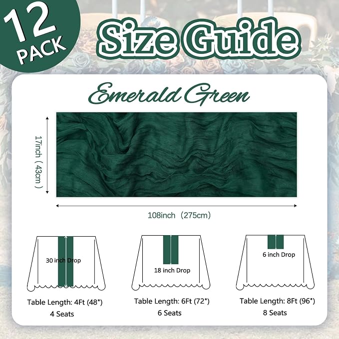 12 Pack Emerald Green Cheesecloth Table Runner 17 x 108 Inch | Boho Gauze - Image 2