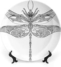 Decorative Plates, Abstract Print Ornament, Animal Steampunk Dragonfly Pattern, 7 Inch, 1 Plate with 1 Display Stand, Black White