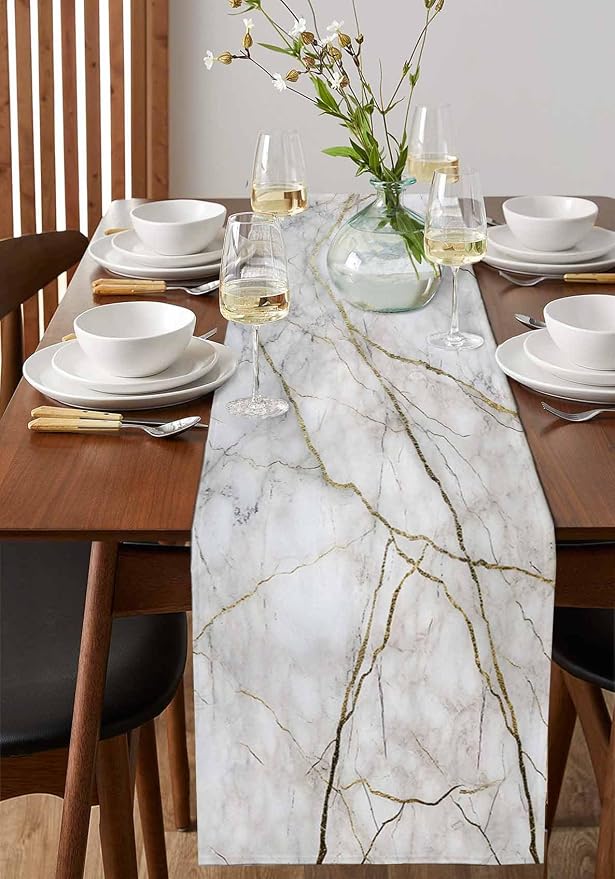 Marble Table Runner-Cotton Linen-Long 72 inche White Gray Gold Dresser Scarves - Image 4