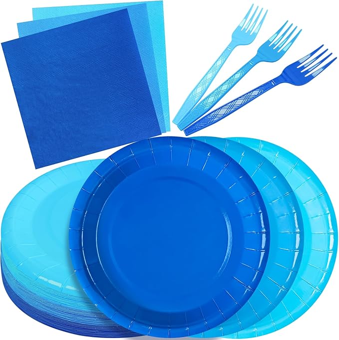 Serves 35 Guests Dusty Blue Plates and Napkins Party Supplies,7" Gradient Blue Birthday Dessert Paper Plates and Napkins,Disposable Party Dinnerware for Wedding,Graduation