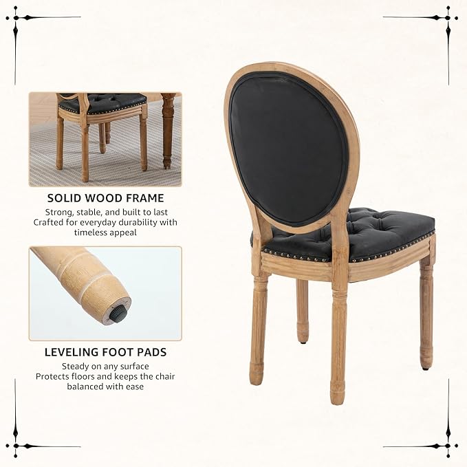 Vintage French Dining Chairs Set of 8, Round Back PU Leather Upholstered Side Chairs with Nailhead Trim and Solid Wood Frame, Sillas de Comedor for Dining Room & Kitchen, Black