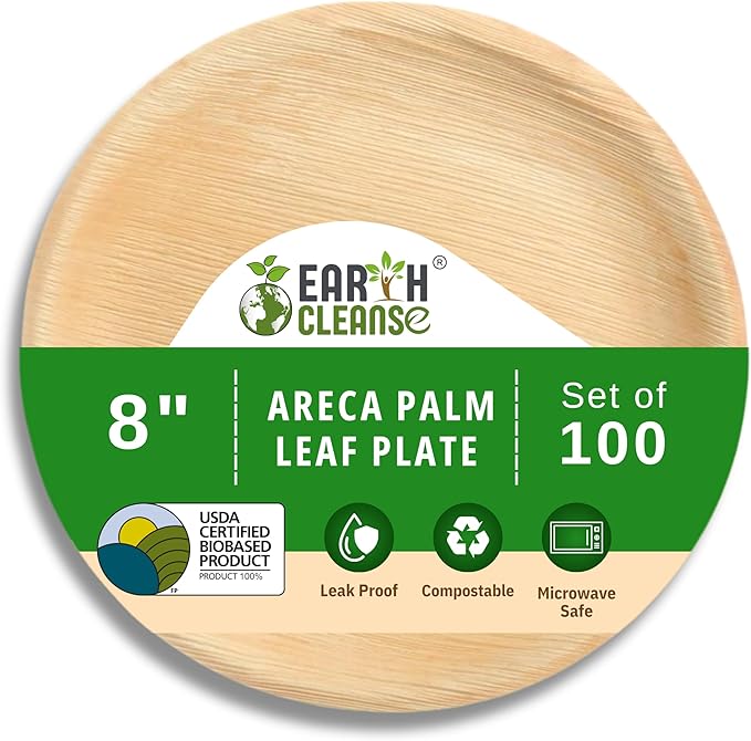 Compostable Palm Leaf Plates 8 Inch Round (100 Pack) | Disposable Biodegradable Plates Like Bamboo & Wooden | Microwave & Oven Safe | Eco-Friendly Dinnerware for Parties & Events