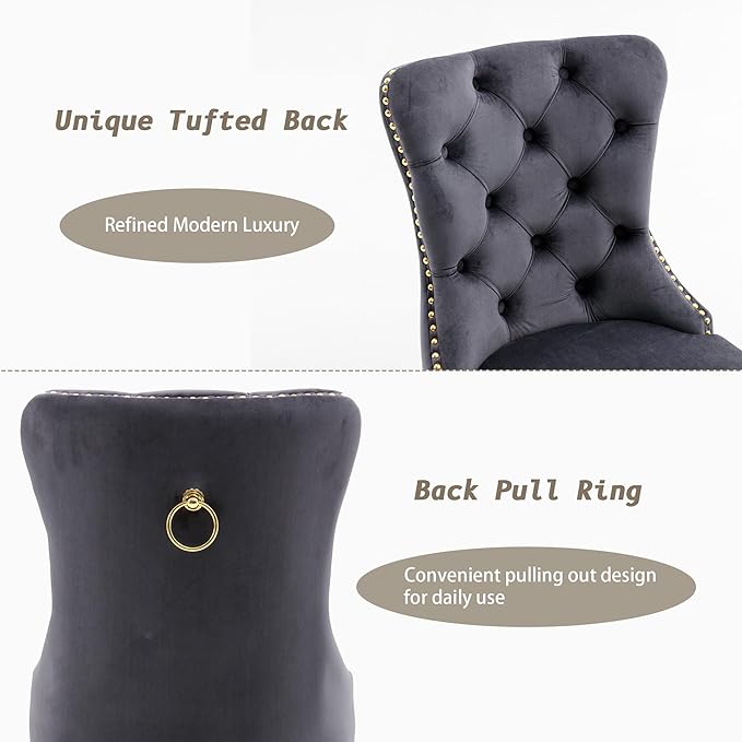 KCC Velvet Dining Chairs Set of 6, Upholstered High-end Tufted Dining Chair with Nailhead Back Ring Pull Trim Stainless Steel Legs, Contemporary Nikki Collection Modern Style for Kitchen, Dark Gray