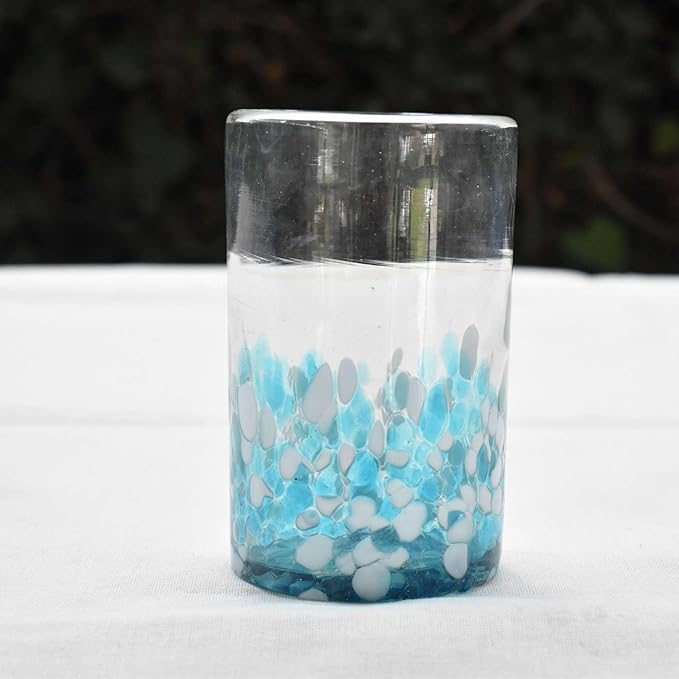 MAREY Hand Blown Drinking Glasses Artisan Crafted from Mexico Set of 6 pieces (Sky Confetti, Water 16 Oz.)