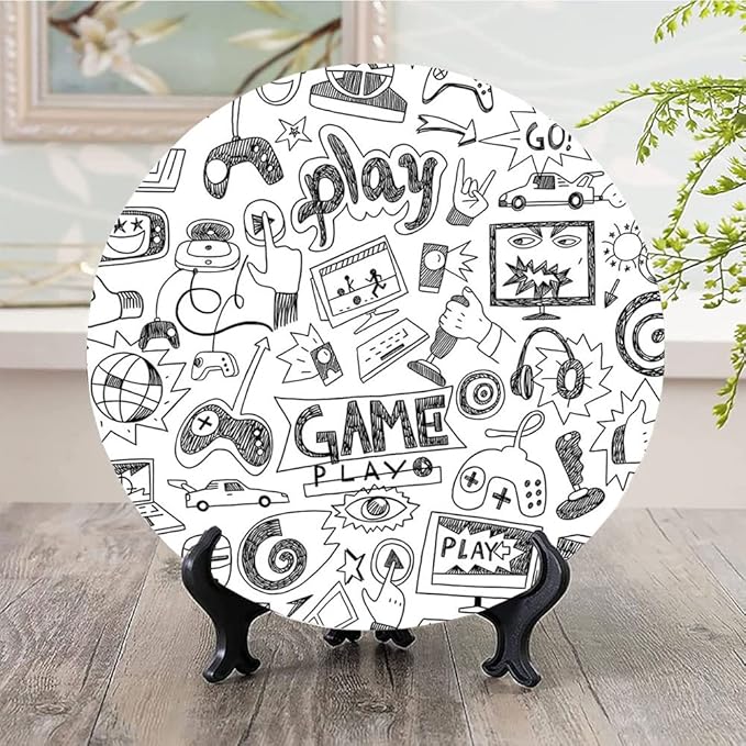 Decorative Plates, Video Games Print Ornament, Monochrome Sketch Style Gaming Design Racing, 6 Inch, 1 Plate with 1 Display Stand, White Black
