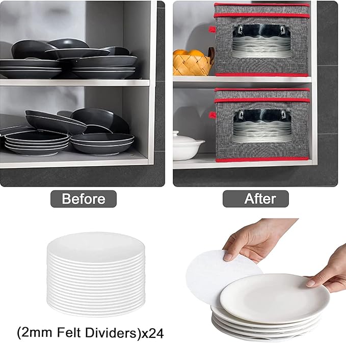 VERONLY Christmas China Storage Containers-Dish Plate Storage Containers Hard Shell and Stackable,Dinnerware Storage with 24 Felt Dividers, Hold 24 Plates,2 PACK (12" W x 8" H)
