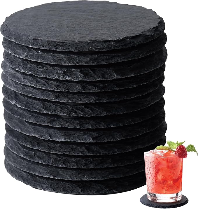 Slate Coasters Set of 12,4-Inch Black Round Stone Drink Coasters with Scratch-Resistant Backing, Durable Tabletop Protection for Home Office Kitchen, Ideal Housewarming Wedding Gifts
