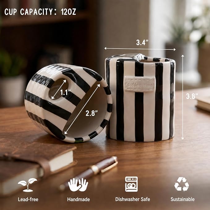 Ceramic Coffee Mug with Half Lid, 12oz To Go Coffee Mug, Handcrafted Striped - Image 6