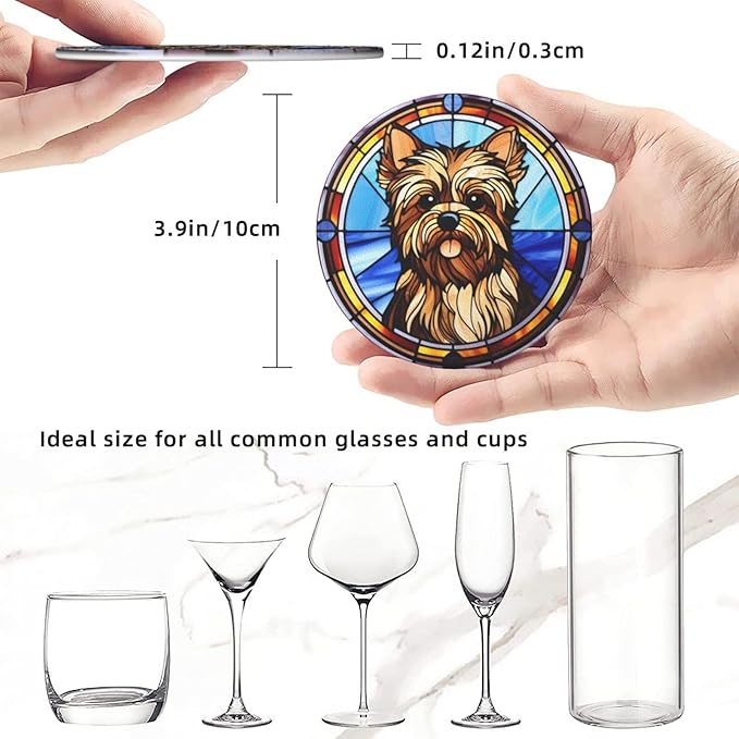 Drink Coaster Set of 6, Yorkshire Terrier Dog Mom Lover Gift,Leather Drink Coasters with Holder,6 Pack Cup/Bar/Drink Coasters for Table/Drinks/Coffee Protection Housewarming Gift