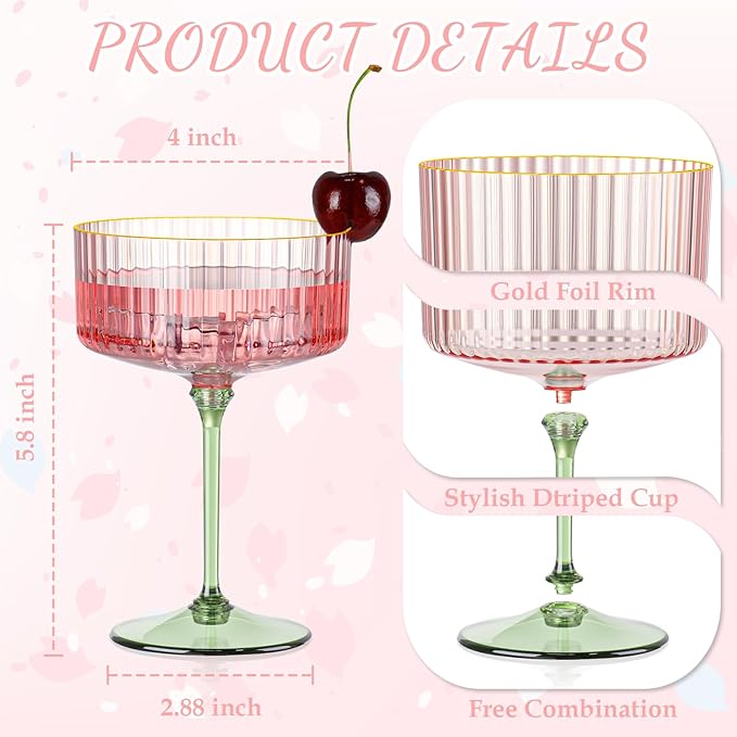 XUWAIDSGN 24Pcs Champagne Martini Glasses 9 Oz with Gilded Removable Gold Rim Coupe Glasses Pink Martini Glasses Plastic Mimosa Vintage Coupe Glasses Set For Wedding Anniversary (24, Pink & Green)