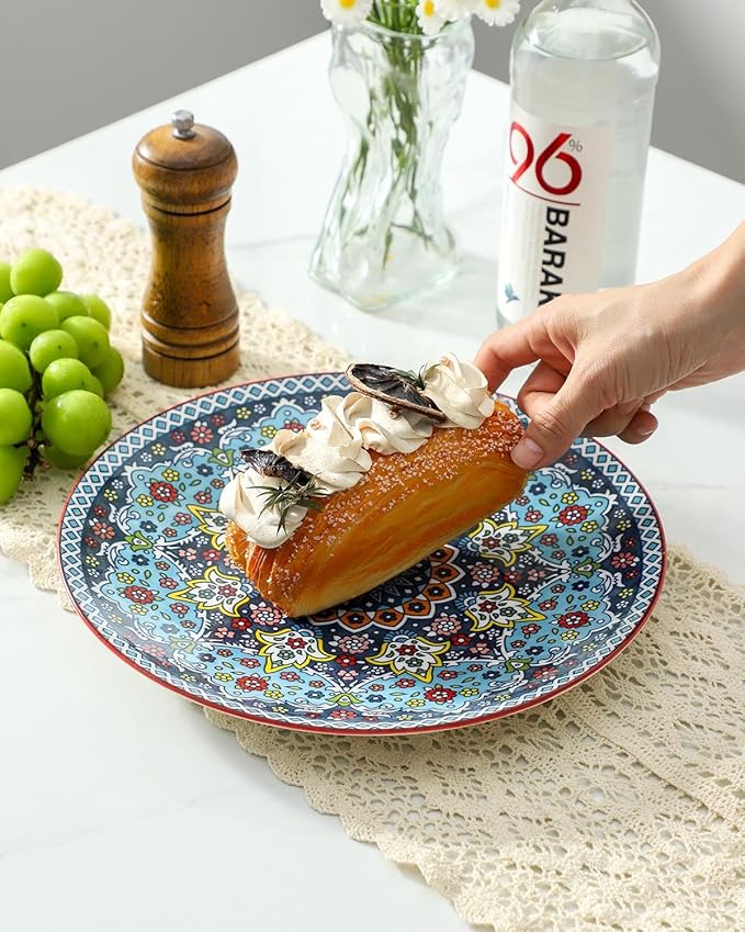 glowworm Dinner Plates, 10.5 Inch Ceramic Plates Set of 6 for Steak, Snacks, Pizza, Cake, Colorful Serving Dishes for Kitchen, Housewarming Gift, Microwave, Oven & Dishwasher Safe, Bohemian