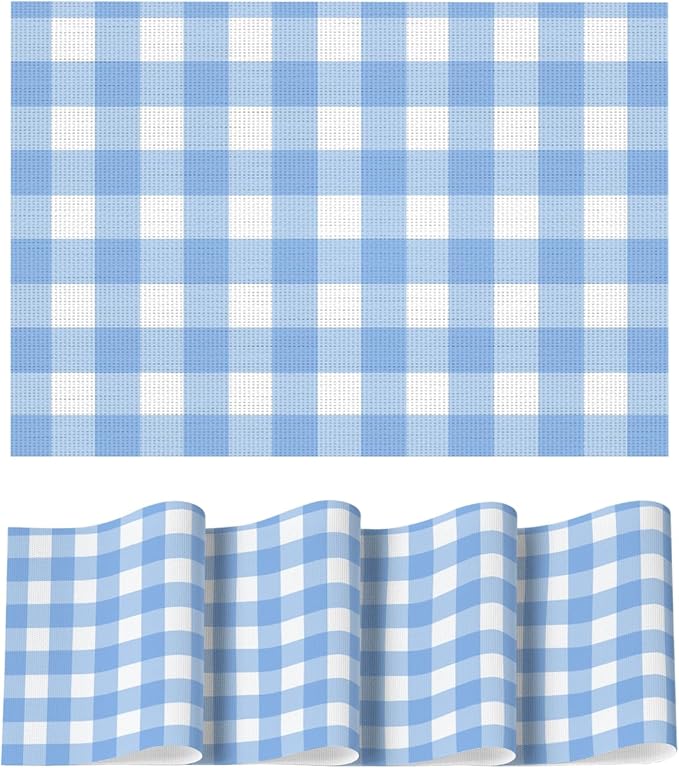 Artoid Mode Buffalo Plaid Vinyl Placemats Set of 4, 12x18 Inch Washable Non-Slip Heat Resistant Plastic Place Mats for Party Dining Table, Blue/White