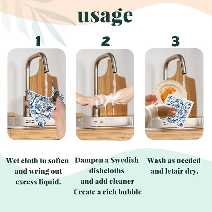 Swedish Dishcloths for Kitchen, Vintage Blue Floral Swedish DishCloths, Papaya Reusable Paper Towels Washable, 4 Pcs Dish Towels for Kitchen Party Home Housewarming Cleaning Cloths
