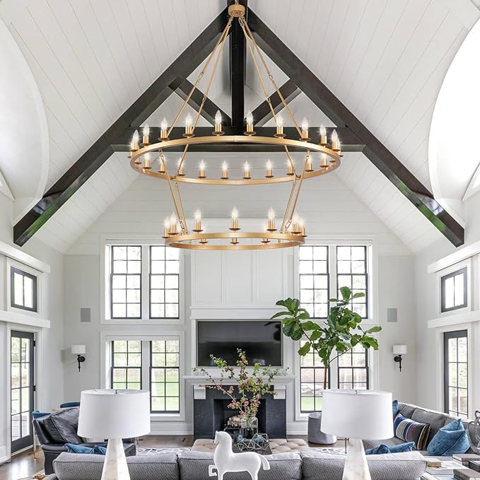48 Inch 2 Tier Gold Extra Large Wagon Wheel Chandelier 36-Lights Farmhouse Industrial Round High Ceiling Pendant Light Adjustable Chain, for Dining Room, Living Room